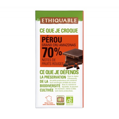 Chocolat noir 70% cacao Pérou BIO 100g